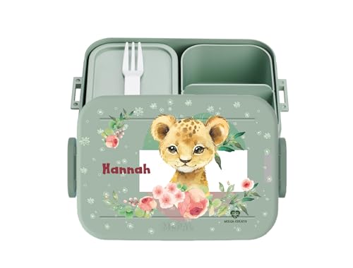 wolga-kreativ Personalisierte Brotbox türkis Mädchen und Junge mit Fächern und Löwe Motiv - Bento Lunchbox mit Besteck und Unterteilung - Geschenk zur Einschulung, für Schule und Kindergarten von wolga-kreativ