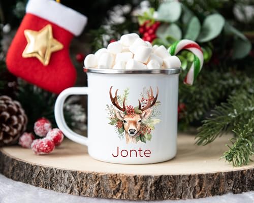 wolga-kreativ Emaille Tasse Becher Campingbecher Name Hirsch Geschenk Weihnachten Nikolaus, Kaffeetasse, Emaillebecher | mit namen von wolga-kreativ