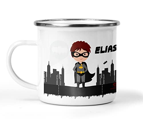 wolga-kreativ Emaille Tasse Becher Kinder Campingbecher Stadtheld Tasse Emaille Becher (leicht & robust) Trinkbecher für Kinder, Kaffeetasse, Emaillebecher | mit namen von wolga-kreativ