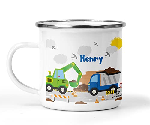 wolga-kreativ Emaille Tasse Becher Kinder Kindertasse Emaille Campingbecher bruchsicher Geschenk Kinder Bagger Laster mit namen von wolga-kreativ