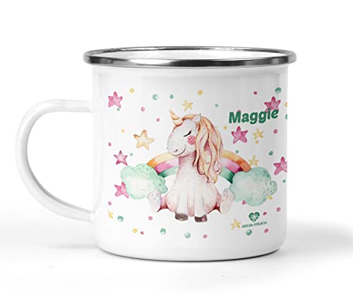 wolga-kreativ Emaille Tasse Becher Kinder Kindertasse Emaille Campingbecher bruchsicher Geschenk Kinder Einhorn Regenbogen mit namen von wolga-kreativ