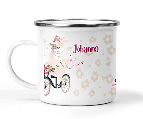 wolga-kreativ Emaille Tasse Becher Kinder Kindertasse Emaille Campingbecher bruchsicher Geschenk Kinder Lama Fahrrad mit namen von wolga-kreativ