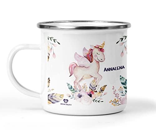 wolga-kreativ Emaille Tasse Becher Kinder Kindertasse Emaille Campingbecher bruchsicher Geschenk Kinder Einhorn Boho mit namen von wolga-kreativ