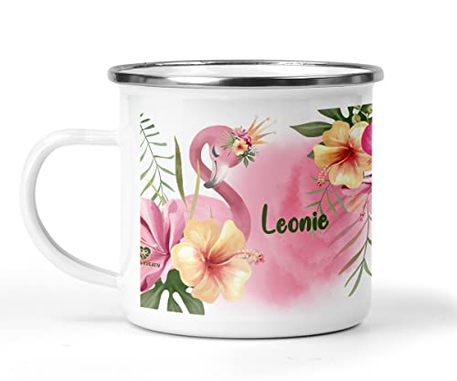 wolga-kreativ Emaille Tasse Becher Kinder Kindertasse Emaille Campingbecher bruchsicher Geschenk Kinder Flamingo Krone mit namen von wolga-kreativ