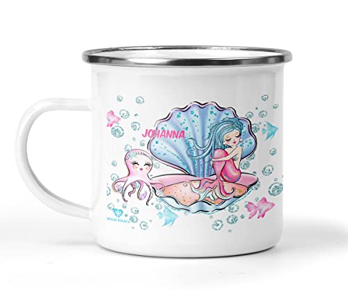 wolga-kreativ Emaille Tasse Becher Kinder Kindertasse Emaille Campingbecher bruchsicher Geschenk Kinder Meerjungfrau Muschel mit namen von wolga-kreativ