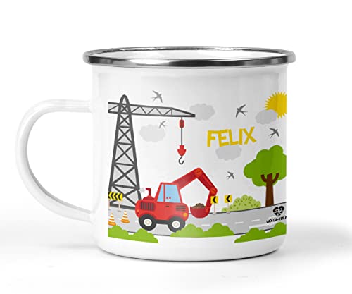 wolga-kreativ Emaille Tasse Becher Kinder Kindertasse Emaille Campingbecher bruchsicher Geschenk Kinder roter Bagger mit namen von wolga-kreativ