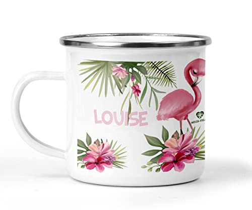 wolga-kreativ Emaille Tasse Becher Kinder Kindertasse Emaille Campingbecher bruchsicher Geschenk Kinder Flamingo Blumen mit namen von wolga-kreativ