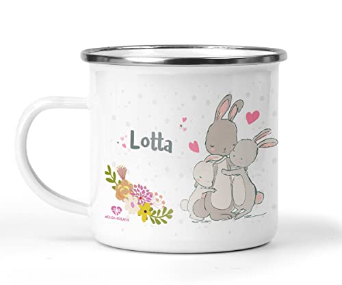 wolga-kreativ Emaille Tasse Becher Kinder Kindertasse Emaille Campingbecher bruchsicher Geschenk Kinder Hasenfamilie mit namen von wolga-kreativ