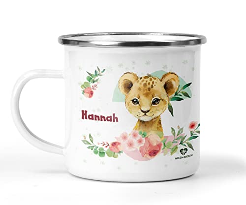 wolga-kreativ Emaille Tasse Becher Kinder Kindertasse Emaille Campingbecher bruchsicher Geschenk Kinder Löwe mit namen von wolga-kreativ