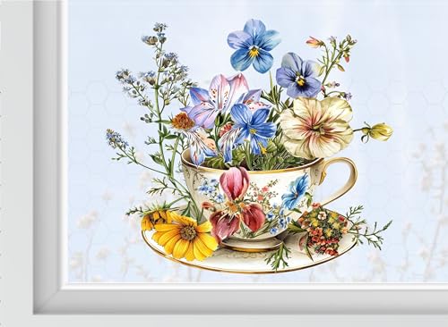 wolga-kreativ Fenstersticker Fensterbilder Fensterfolie Blumen in Tasse blau wiederverwendbar selbstklebend Sichtschutz Fensterdeko Küche von wolga-kreativ