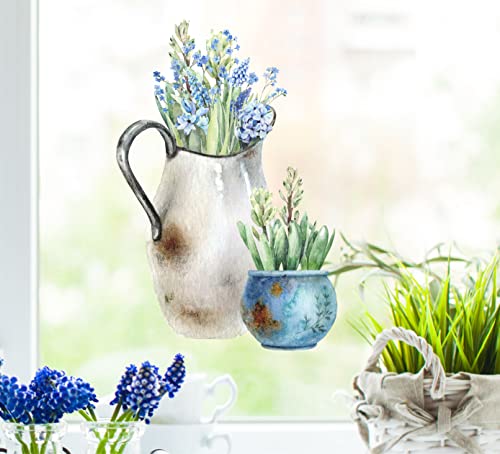 wolga-kreativ Fenstersticker Fensterbilder Glasdekorfolie Motiv Fensterfolie Fenstertattoo Hauspflanzen blaue Blumen in Vase Deko Küchenfenster wiederverwendbar selbstklebend Sichtschutz von wolga-kreativ
