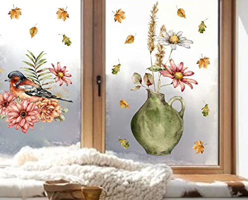 wolga-kreativ Fenstersticker Fensterbilder Glasdekorfolie Motiv Fensterfolie Fenstertattoo Herbst Blumenstrauß Vase Vogel Chrysanteme Aufkleber Sticker Fenster Küche Wohnzimmer wiederverwendbar von wolga-kreativ