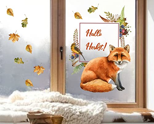 wolga-kreativ Fenstersticker Fensterbilder Glasdekorfolie Motiv Fensterfolie Fenstertattoo Herbst Fuchs Blätter Hallo Herbst Aufkleber Sticker von wolga-kreativ