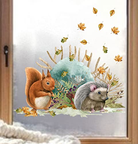 wolga-kreativ Fenstersticker Fensterbilder Glasdekorfolie Motiv Fensterfolie Fenstertattoo Herbst Wald Igel Eichhörnchen Blätter Aufkleber Fenster Küche Wohnzimmer wiederverwendbar von wolga-kreativ