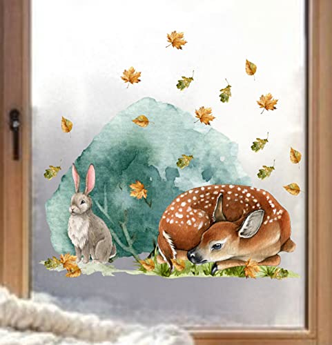 wolga-kreativ Fenstersticker Fensterbilder Glasdekorfolie Motiv Fensterfolie Fenstertattoo Herbst Waldtiere Reh Hase Blätter Aufkleber Sticker Fenster Küche Kinderzimmer Wohnzimmer wiederverwendbar von wolga-kreativ