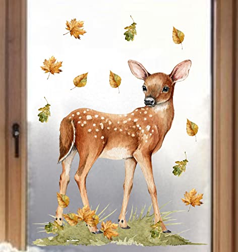 wolga-kreativ Fenstersticker Fensterbilder Glasdekorfolie Motiv Fensterfolie Fenstertattoo Herbst Waldtiere Reh Rehkitz Blätter Aufkleber Sticker Fenster Küche Kinderzimmer Wohnzimmer wiederverwendbar von wolga-kreativ