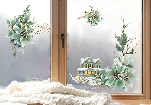wolga-kreativ Fenster Fensterbilder Glasdekorfolie Motiv Fensterfolie FenstertattooWinter Weihnachten Advent grüne Blumen Haus Aufkleber Fenster wiederverwendbar Kinderzimmer Deko von wolga-kreativ