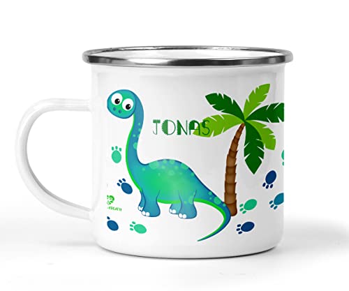 wolga-kreativ Emaille Tasse Becher Kinder Campingbecher Dino Palme Tasse Emaille Becher (leicht & robust) Trinkbecher für Kinder, Kaffeetasse, Emaillebecher | mit namen von wolga-kreativ