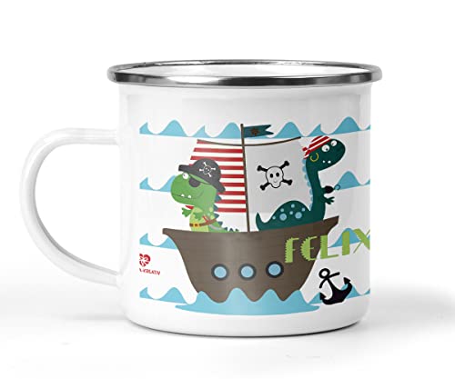 wolga-kreativ Emaille Tasse Becher Kinder Campingbecher Dino Pirat Tasse Emaille Becher (leicht & robust) Trinkbecher für Kinder, Kaffeetasse, Emaillebecher | mit namen von wolga-kreativ