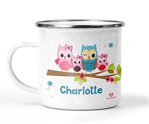 wolga-kreativ Emaille Tasse Becher Kinder mit namene Kindertasse mit Namen Emaille mit namenes Geschenk Kinder Eulenfamilie mit namen von wolga-kreativ