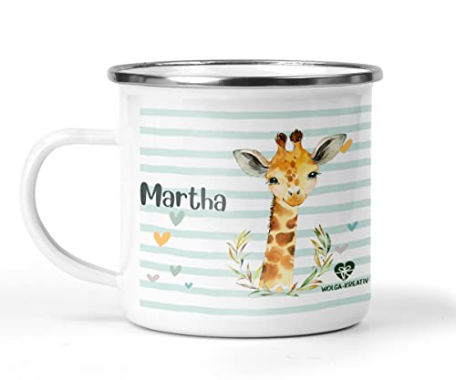 wolga-kreativ Emaille Tasse Becher Kinder Kindertasse Emaille Campingbecher bruchsicher Geschenk Kinder Giraffe mit namen von wolga-kreativ