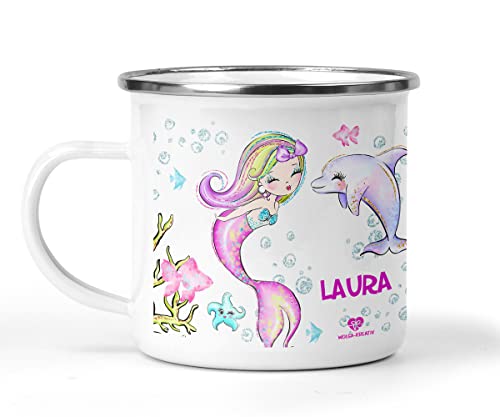 wolga-kreativ Emaille Tasse Becher Kinder Kindertasse Emaille Campingbecher bruchsicher Geschenk Kinder Meerjungfrau Delfin mit namen von wolga-kreativ