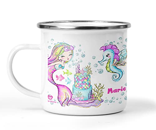 wolga-kreativ Emaille Tasse Becher Kinder Kindertasse Emaille Campingbecher bruchsicher Geschenk Kinder Meerjungfrau Seepferdchen mit namen von wolga-kreativ