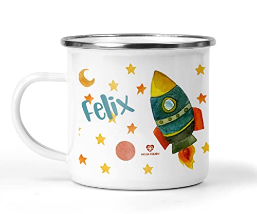 wolga-kreativ Emaille Tasse Becher Kinder Kindertasse Emaille Campingbecher bruchsicher Geschenk Kinder Rakete mit namen von wolga-kreativ