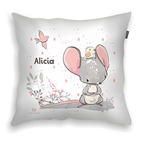 wolga-kreativ Deko-Kissen-bezug Maus 40x40 cm Namenskissen Junge-n Mädchen Kissen Babyzimmer Kinderzimmer Kinder Baby mit Namen personalisiert flauschig von wolga-kreativ