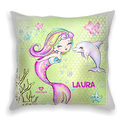 wolga-kreativ Deko-Kissen-bezug Meerjungfrau Delfin 40x40 cm Namenskissen Mädchen Kissen Babyzimmer Kinderzimmer Kinder Baby mit Namen personalisiertflauschig von wolga-kreativ