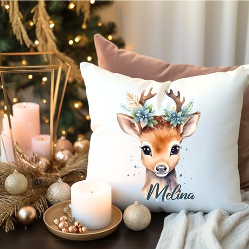 wolga-kreativ Deko-Kissen-bezug REH Mädchen und Name 40x40 cm Namenskissen Geschenk Dekoration Weihnachten Nikolaus Namen Kinder Baby personalisiert von wolga-kreativ