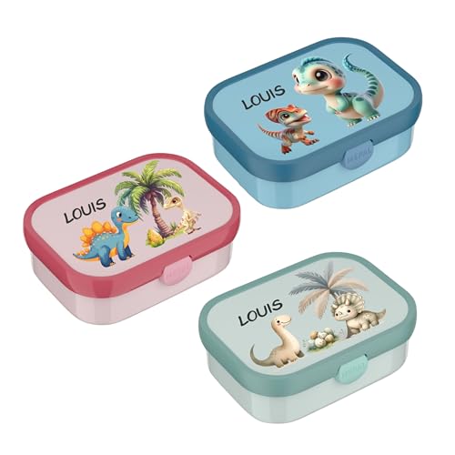 wolga-kreativ Mepal Campus Brotdose Kinder mit Fächern - Personalisierte Lunchbox mit Namen für Schule, Kindergarten und Einschulung - Motiv Dino - Brotbüchse mit Unterteilung Kinder von wolga-kreativ
