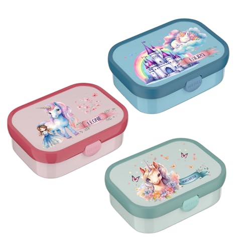 wolga-kreativ Mepal Campus Brotdose Kinder mit Fächern - Personalisierte Lunchbox mit Namen für Schule, Kindergarten und Einschulung - Motiv Einhorn - Brotbüchse mit Unterteilung Kinder von wolga-kreativ