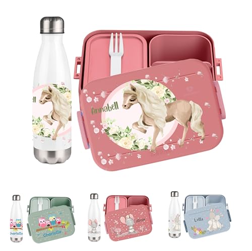 wolga-kreativ Pausenset personalisierte Brotdose rosa und Trinkflasche Thermo Kinder Edelstahl mit Pferd Motiv Bento Lunchbox mit Fächern und Unterteilung für Schule und Kindergarten von wolga-kreativ