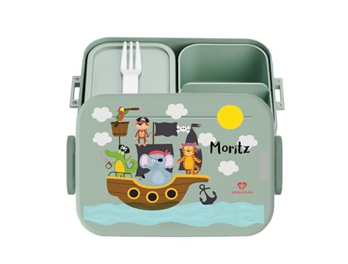 wolga-kreativ Personalisierte Brotbox türkis Mädchen und Junge mit Fächern Piratenschiff Bento Lunchbox mit Besteck und Unterteilung - Geschenk zur Einschulung, für Schule und Kindergarten von wolga-kreativ