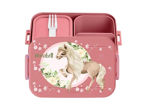 wolga-kreativ Personalisierte Kinder-Bento-Brotdose rosa mit Pony-Motiv und 3 Fächern - mit Besteck und Unterteilung - Geschenk zur Einschulung, für Schule und Kindergarten von wolga-kreativ
