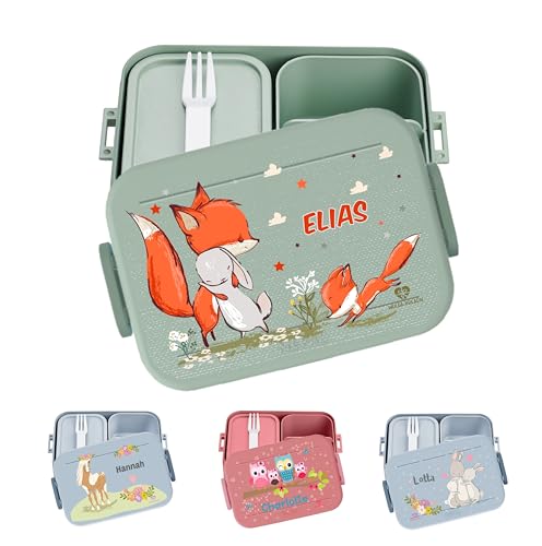 wolga-kreativ personalisierte Mepal Brotdose mit Fächern mit Fuchs Hase Motiv - Lunchdose Kinder, Jausenbox Brotbox Schule Kindergarten Geschenk Geburtstag Einschulung von wolga-kreativ
