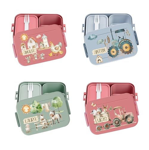 wolga-kreativ personalisierte Mepal Brotdose mit Fächern und Bauernhof Traktor Pferd Motiv - Lunchbox Kinder, Jausenbox Kindergarten, Brotbüchse Schule, Versperdose Einschulung von wolga-kreativ