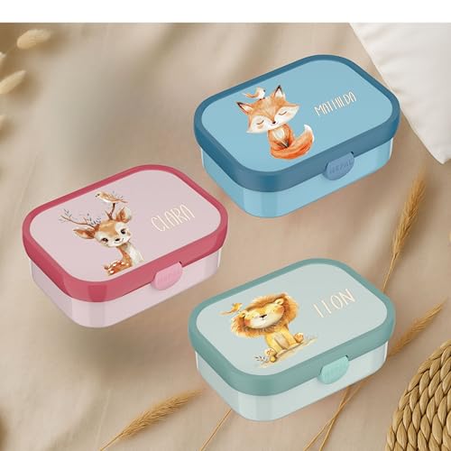 wolga-kreativ Mepal Campus Brotdose Kinder mit Fächern - Personalisierte Lunchbox mit Namen für Schule, Kindergarten und Einschulung - Motiv Tiere Löwe Fuchs Hase Bär Affe von wolga-kreativ