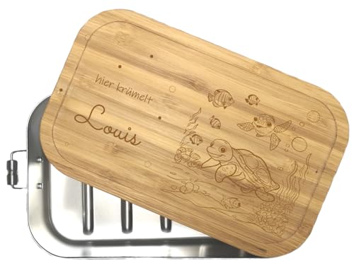 wolga-kreativ Personalisierte Metall Brotdose mit Gravur aus Edelstahl und Holz mit Trennsteg für Kinder mit Fächern Schildkröte Name von wolga-kreativ