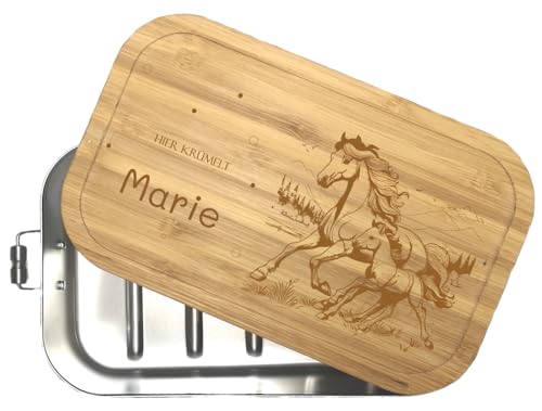 wolga-kreativ Personalisierte Metall Brotdose mit Gravur aus Edelstahl und Holz mit Trennsteg für Kinder mit Fächern Waldtiere Pferd Name von wolga-kreativ