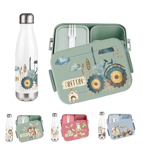 wolga-kreativ Personalisiertes Set Mepal Frühstücksbox und Trinkflasche Farm Bauernhof Traktor für Jungen und Mädchen - Bento Lunchbox mit Fächern und Unterteilung Geschenk Schule Kindergarten von wolga-kreativ
