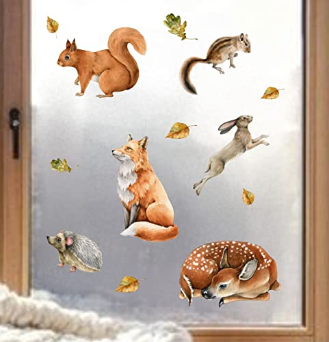 wolga-kreativ Fenstersticker Fensterbilder Glasdekorfolie Motiv Fensterfolie Fenstertattoo Wald Igel Eichhörnchen Fuchs Hase Aufkleber Sticker Fenster Küche Kinderzimmer Wohnzimmer wiederverwendbar von wolga-kreativ