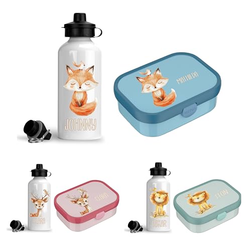 wolga-kreativ Personalisiertes Set Mepal Campus Brotdose Kinder mit Fächern und Kinderflasche ml mit Namen, Vesperdose Löwe, Fuchs Geschenk für Schule, Kindergarten Einschulung von wolga-kreativ