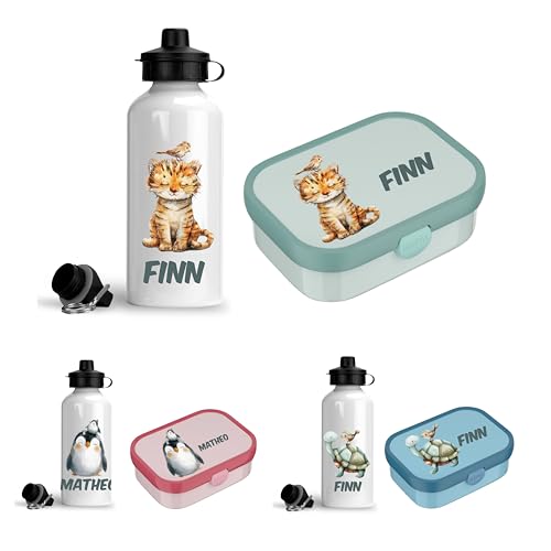 wolga-kreativ Personalisiertes Set Mepal Campus Brotdose Kinder mit Fächern und Alu Trinkflasche Kinder mit Namen, Vesperdose Bauernhof Traktor Geschenk für Schule, Kindergarten Einschulung von wolga-kreativ