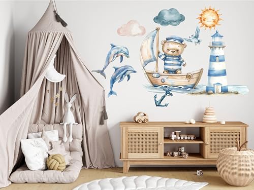 wolga-kreativ Wandtattoo Wandsticker Kinderzimmer Aufkleber Wandbild Meer Schiff Bär Delfin Leuchtturm Badezimmer Wanddeko Set Kinder- Spiel- Baby- Junge-n Zimmer von wolga-kreativ