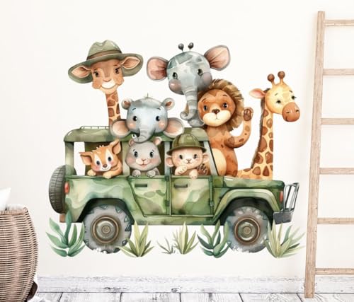 wolga-kreativ Wandtattoo Wandsticker Kinderzimmer Aufkleber Wandbild Safari Tiere Auto Giraffe Wanddeko Set Kinder- Spiel- Baby- Junge-n Zimmer von wolga-kreativ