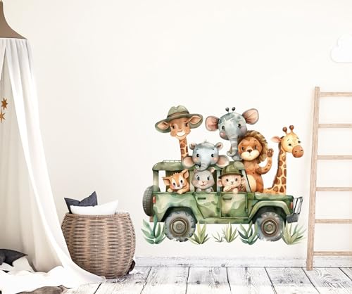 wolga-kreativ Wandtattoo Wandsticker Kinderzimmer Aufkleber Wandbild Safari Tiere Auto Giraffe Wanddeko Set Kinder- Spiel- Baby- Junge-n Zimmer von wolga-kreativ