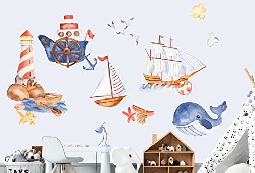 wolga-kreativ Wandtattoo Wandsticker Möbelsticker Aufkleber Wandbild Waal Meer Leuchtturm Segelschiff Wanddeko Set Kinderzimmer Spielzimmer Babyzimmer Mädchen Junge-n Baby Zimmer von wolga-kreativ