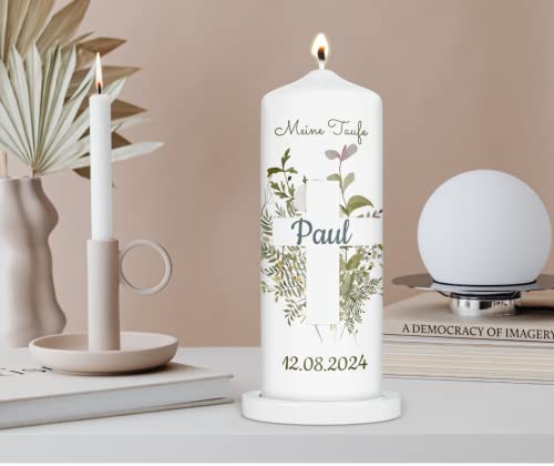 wolga-kreativ moderne Kerze zur Taufe Kommunion Konfirmation Geburt Taufkerze 20 cm x 7 cm Kreuz grüne Blumen Paul für Mädchen Jungen personalisiert Name Datum Taufspruch von wolga-kreativ